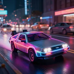 a 2 8 mm closeup photo of a tesla tron neon delorean back to the future car driving a on wet city street with lots of traffic at night, intricate, speed, action, need for speed, hyper detailed, smooth, high contrast, neon, volumetric lighting, octane, moebius, greg rutkowski, blade runner, ripley scott, synthwave, mad max, cindmatic