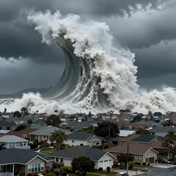 a gigantic wave looming over a suburban neighborhood, dramatic photo, bad weather, epic scale, 8 k, high quality