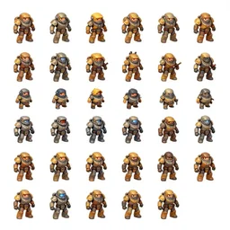 isometric character sprite sheet. small character sheet! characters! fallout npc, power armor! rotated right front, in gouache detailed paintings, props, stylized, 2 d asset sheet, kitbash, arcane, overwatch, 8 k, close up, white background