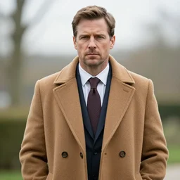 phillip as gene hunt wearing a brown camel coat and necktie.