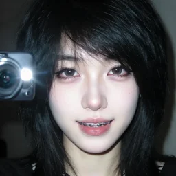 2006 photograph of an emo girl with braces, pale, black hair, camera flash on