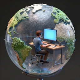 tiny realistic person sitting down at computer desk inside a glitter globe, octane, hyper detailed, trending on deviantart, sharp focus, weta digital, micro details, 3 d sculpture, structure, ray trace, photography, trending on artstation, photorealistic, unreal engine