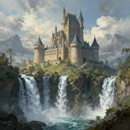 a big castleand waterfalls, fantasy art, greg rutkowski
