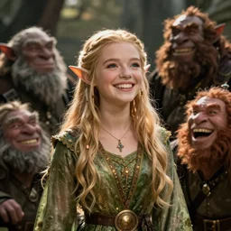 photorealistic, beautiful smiling elf girl and laughing orcs, lord of the rings film