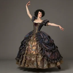 ballroom, rgb, thin, model, short black curly hair, round face, steampunk princess dress, amazing composition & dynamic posing, by franz xavier leyendecker, wlop! muted colors, highly detailed, fantasy art by craig mullins, thomas kinkade cfg _ scale 9