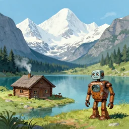 a beautiful mountain lake surrounded by snowcapped mountains a log cabin with smoke coming from the chimney and an old rusty robot by James Gurney and Simon Stalenhag, trending on artstation