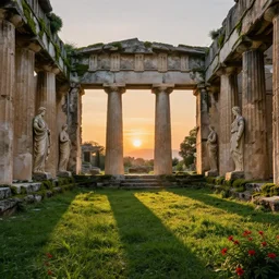 a interior photo of a mossy and ruined greek temple with some marble statues inside at sunset, godrays, complementary colors, calm, relaxing, beautiful landscape, highly detailed, high quality, 4k, grass and red flowers, Ferdinand Knab, serene landscape, symmetrical, geometric, high coherence