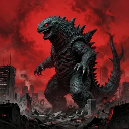 horror art, kaijus destroy city, red clouds in the background, art by ismail inceoglu