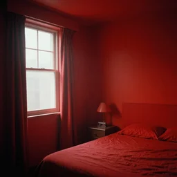 gregory crewdson interior photography, cassette futurism, cosmic psychedelic horror, hotel room painted red, everything is painted red, wide open window harsh light, edward hopper liminal space, atmospheric haze, film. film still, 1 6 mm cinematography