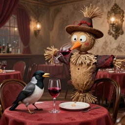 a scarecrow and a jackdaw are drinking red wine in a fancy restaurant. folk horror art style