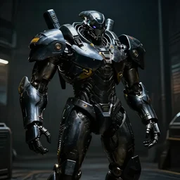 humanoid alien wearing glossy black armor shiny big cumbersome mecha mech armor, yellow detailing dramatic harsh lighting, still from real steel (2011). Dark intimidating cyberpunk 2077 armor style of Roger Deakins Jeremy Saulnier Newton Thomas Sigel Robert Elswit Greig Fraser trending dark hallway rtx on ue4 35mm Kodak Vision 2383 gritty atmospheric Bladerunner 2049