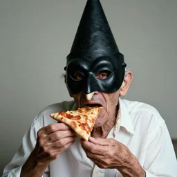 portrait photo of an old wrinkled man, skinny face, bony face, long crooked nose, large gaping mouth, black pulcinella mask, masquerade mask, pointy conical hat, white wrinkled shirt, eats pizza, presents pizza, close - up, skin blemishes, menacing, intimidating, masterpiece by herb ritts