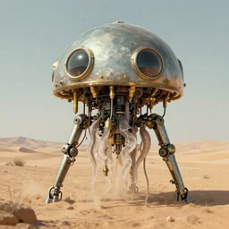 mechanical jellyfish robot machine in the desert, dome portholes, brass pipes, wires, detailed illustration, concept art, muted colour palette, highly detailed,