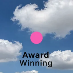a photograph of a blue sky with puffy white clouds and a dayglo pink dot in the center, Award Winning, album artwork