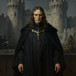 a super detailed matte portrait painting of a grim male warpriest with brown hair, castle setting, hires, 4 k, symmetrical, centered, art by tim hildebrandt, gerald brom, frank frazetta, michael whelan, keith parkinson