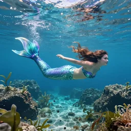 ' a mermaid swimming under water with rocks and seaweed on the sea floor ', colourful, realistic, artstation,, up lights, octane render,