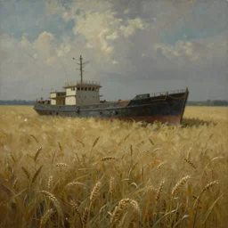 a floating unrecognizable ship floating over plains of wheat, eerie, mystical, oil painting