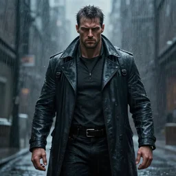 realistic gritty digital painting of a powerful modern man in the rain, 8 k