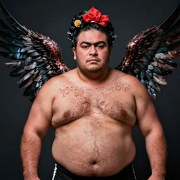 portrait of a fat hairy wrestler with wings, mamiya, f 1. 7, in the style of kahlo, araki and matisse