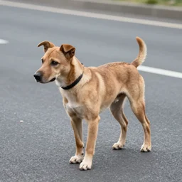color photo, a humanoid dog that walks on two legs walking on the road.