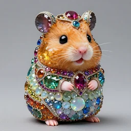 cute hamster statue made of rainbow gems, full body portrait, made of large rainbow gems, huge ornate gemstones, ruby sapphire emerald opal onyx, artgerm, realistic, roger deakins, greg rutkowski, jewelry hamster