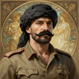 russian revolutionary commander in ww 1 clothes, unshaven, burka hat, black moustache, masculine, mature, handsome, upper body, warm, virile, muscular, hairy torso, fantasy, intricate, elegant, highly detailed, digital painting, artstation, concept art, smooth, sharp focus, illustration, art by gaston bussiere and alphonse mucha