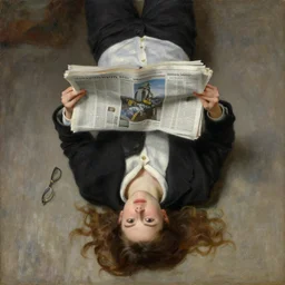 girl weighs upside down, street fashion, reads newspaper, oil painting by j. c. leyendecker