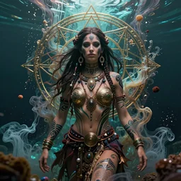 a centered render of an mytical festival hippy with tribal tattoos wearing intricate metallic clothing surrounded by a underwater ink pour and flowing liquid gallium and sacred geometry, perfect body and face, gorgeous, cinematic, beautifully lit, by alberto seveso, by karol bak, by donato giancola, 3 d, trending on artstation, octane render, 8 k