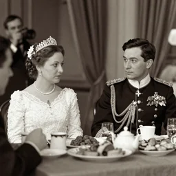 A close up shot, colored black and white Russian and Japanese mix historical fantasy a photograph portrait taken at the empress and emperor's royal wedding breakfast, photographic portrait, warm lighting, 1907 photo from the official wedding photographer for the royal wedding.