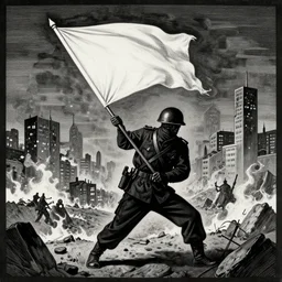 a soldier in black clothes who is burning a white flag, against the backdrop of a burning city, battle of good versus evil, insanely detailed and intricate, hyperrealistic, woodblock print, gloomy colors, made by escher, 8 k
