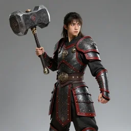 Heroic teenager barbarian warrior, wielding a giant ornamental hammer, black and red armor, plate, long hair, young, male, justice, high fantasy, main character, matte painting, trending in artstation, artstationHD, artstationHQ, cgsociety