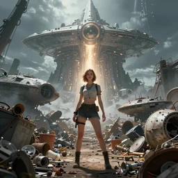 beautiful trash girl collecting valuable parts at the junkyard of an old starship against the backdrop of a huge colossal star temple, concept art by john howe and hamish frater, artstation, glowing light, cinematic illustration 8 k