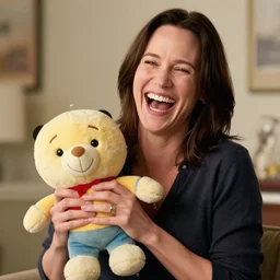 8 k uhd a woman laughing while holding a plush toy in a shape of keanu reeves, commercial advertisement shot,