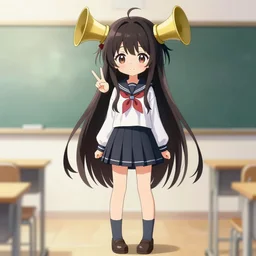 full body anime portrait of a cute girl round eyes long hair dressed in a school uniform inside the school horns protruding on her head, peace sign, stunning, highly detailed, anatomically correct