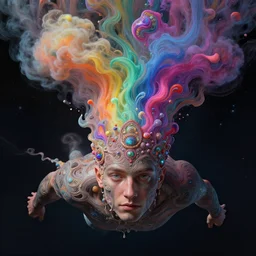 man floating in space with head bursting into colorful liquid smoke and clouds, dmt, psilocybin, lsd, face, detailed, intricate, elegant, highly detailed, digital painting, artstation, concept art, smooth, sharp focus, illustration, art by hana yata, and artem demura and beeple, octane render, unreal engine, 8 k
