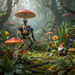 a lot of jungle flowers and plants + poison toxic mushrooms surrounded by cables + long grass + broken droid + garden dwarf + mystic fog, line art, no - shadow, black and white, by makoto shinkai takashi takeuchi studio ghibli, akihiko yoshida, 5 0's vintage sci - fi style, rule of third!!!!