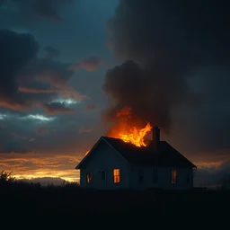 house on fire, almost night, dim light, soft light, dramatic clouds, ultra hd, ultra sharp, hyper detailed, 8 k, shot on 3 5 mm film camera, smooth sharp focus, realism, tumblr aesthetic, we heart it aesthetic,