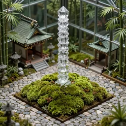 4K, Japanese glass house, crystal column, dry landscape, moss ball, Japanese shrine, night forest, temple fair, greenhouse, moss, bamboo, cobblestone, detail, elves house, isometric view, miniature model, photorealistic photo, two points perspective, 45 degree perspective, symmetrical, no depth of field, no DOF