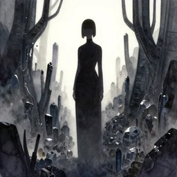 technopriestess in a futuristic onyx and hematite garden. watercolor by moebius, clamp and arina tanemura, backlighting, vibrant palette, minimalism.