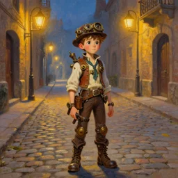 a beautiful painting of a steampunk boy on a street paved with cobblestones and warm streetlights, by James Gurney and Thomas Kinkade and Ralph Horsley