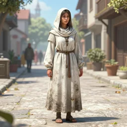 female poor beggar on the streets white, bright, unclean, ultra detailed fantasy, dndbeyond, bright, colourful, realistic, dnd character portrait, full body, pathfinder, pinterest, art by ralph horsley, dnd, rpg, lotr game design fanart by concept art, behance hd, artstation, deviantart, hdr render in unreal engine 5