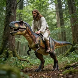 jesus riding a trex through the forest, realisitc photo