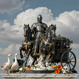 portrait, war, knight, horses, cows, gooses, plows, crows, feathers, horns, carriage, famine, death, war, wide angle, puffy clouds, skies behind, stars in sky, italian masterpiece, Ashford Black Marble, sculpture, baroque, draped with orange carrot and vines and spines, marble and gold, drapes, white details, still life vegetables, poppies, Obsidian, portrait, worms, render, artstation, ultra detailed