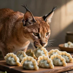 Caracal cat eats dumplings