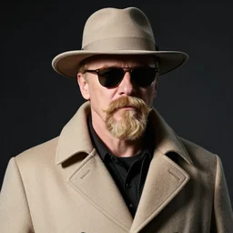 blonde Viktor Reznov portrait with a beige coat, a blonde goatee, thick moustache, short hair, beige fedora, and sunglasses, photorealistic, dramatic lighting