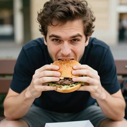 a man eating a burger, there are insects in his burger, he is sitting on a bench, he is cross eyed.