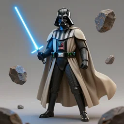 Darth vader wearing a beige cloak, blue light saber, light auro, floating rocks, power stance, digital art, 8k, trending on artstation