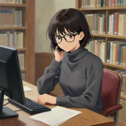 a nerdy anime woman wearing turtleneck sitting at a desk in a library, a detailed painting by zhou jichang, trending on pixiv, fantasy art, official art, detailed painting, anime