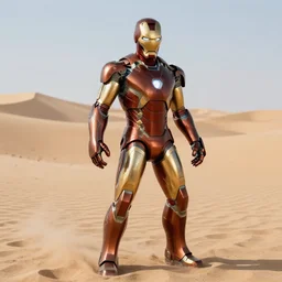iron man in the desert, metallic, photorealistic, shiny, sandy, sand everywhere, metal, rustic iron and copper, sand dunes, marvel