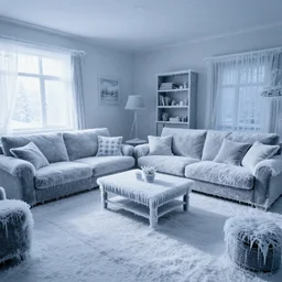 a living room, frozen, covered completely in ice
